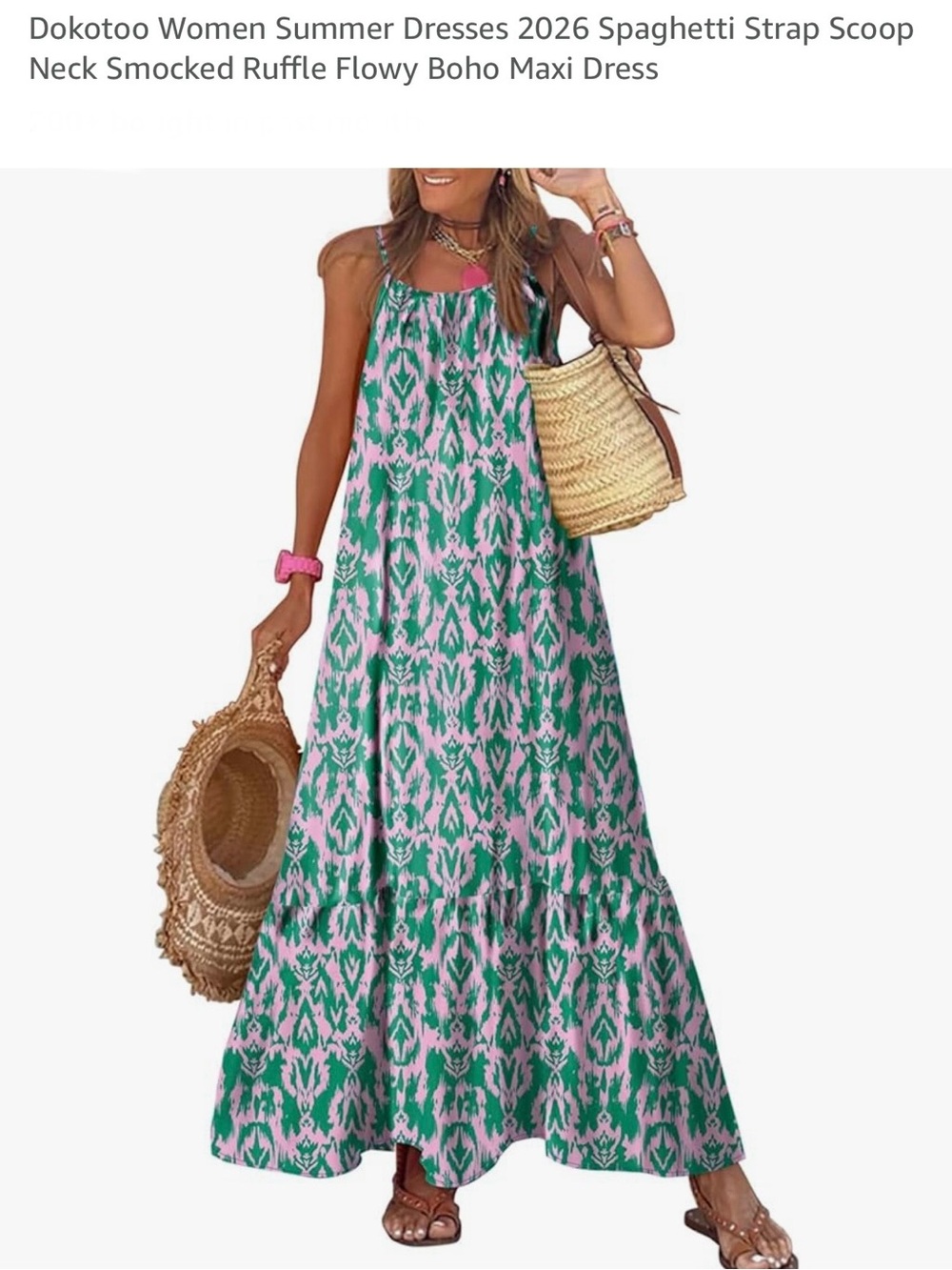 Dokotoo Green & Pink Boho Maxi Dress with Spaghetti Straps Small